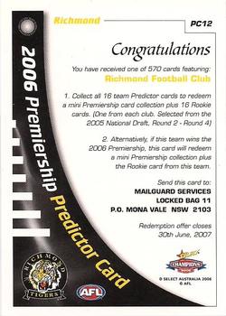 2006 Select AFL Champions - Premiership Predictors #PC12 Richmond Tigers Back